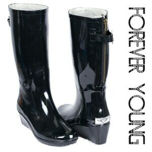 Women Tall Wedge Zipper Rain Boots, RB-1809, Black